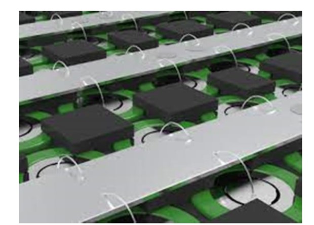 Fig. 1. Wire bonds interconnecting cylindrical battery cells.