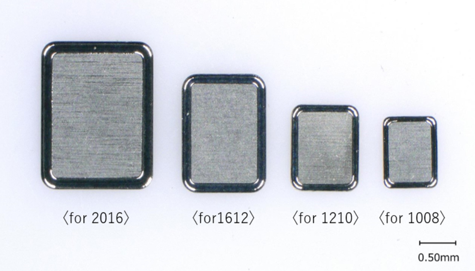 Gold-tin brazing lids for crystal oscillating devices (Window type). From left: for 2016, for 1612, for 1210, for 1008