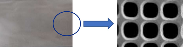 Appearance and enlarged view of titanium micromesh electrode